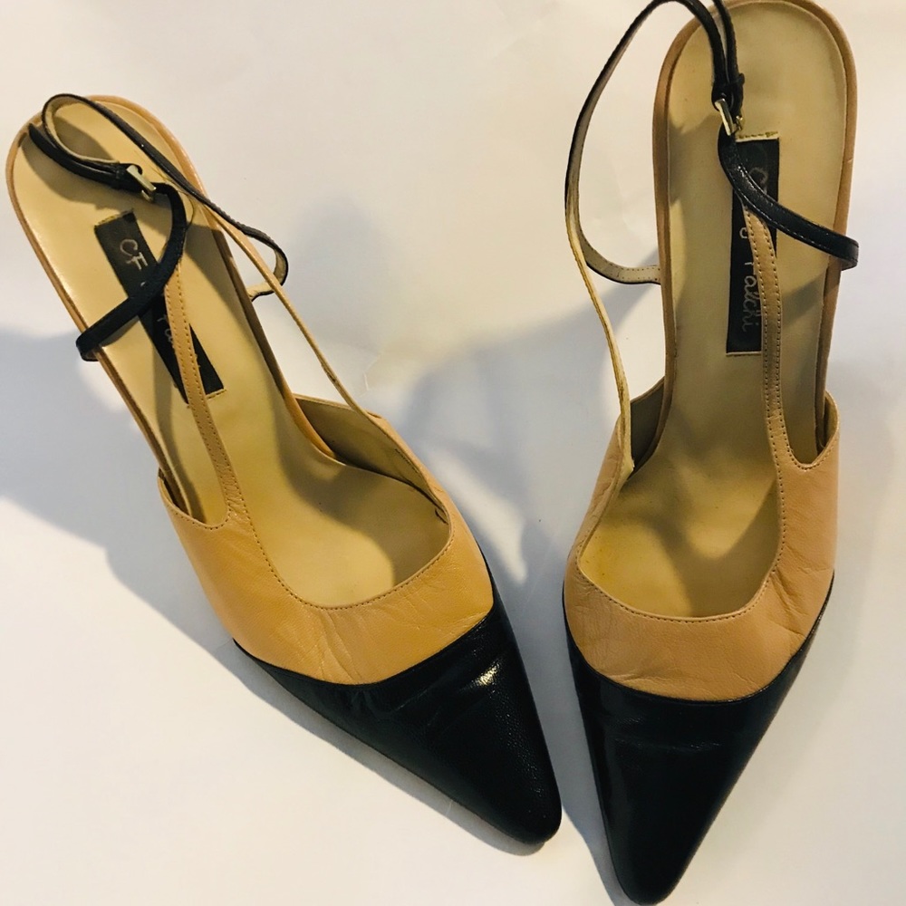 CF by Falchi Size 8 1/2M Leather Tan & Black Heels
